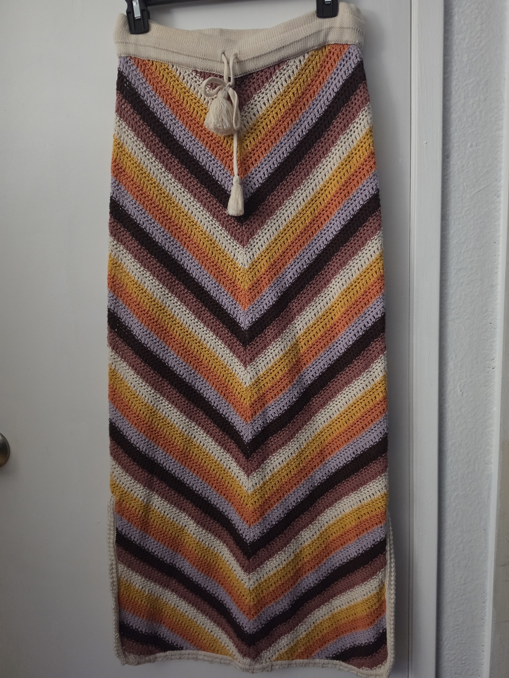 Ghanda Crocheted Chevron Pencil Skirt in Cream, Yellow, Orange, Purple, Brown